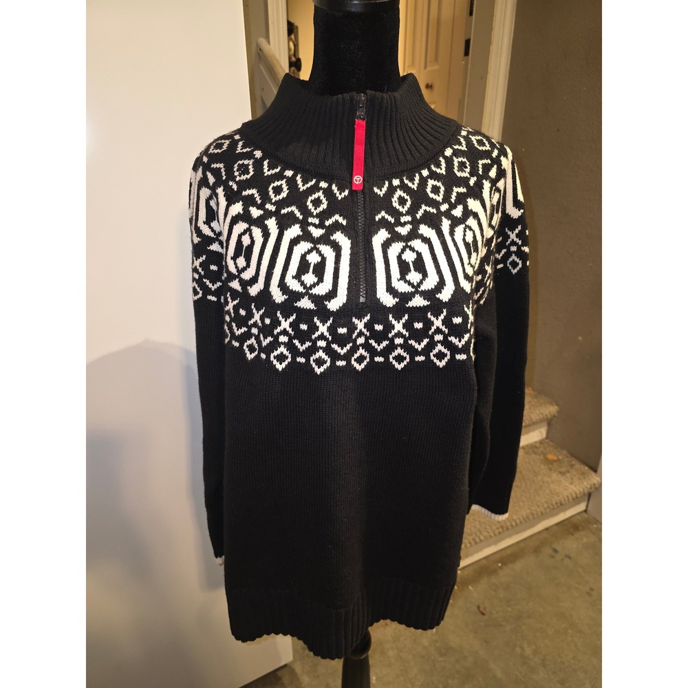 T by Talbots Black White Geometric Fair Isle Quarter Zip Sweater Size X